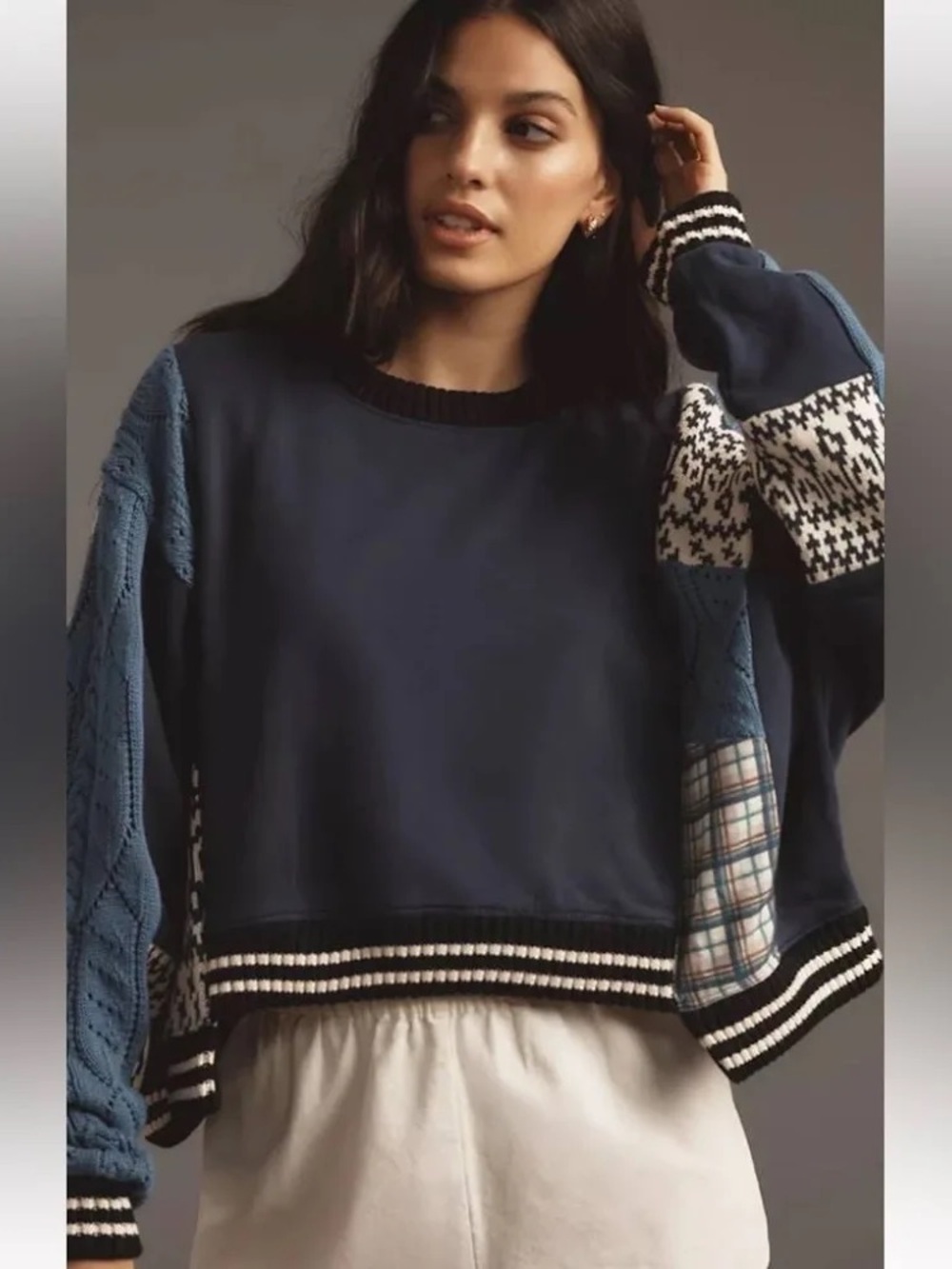 Pilcro Navy Patchwork Cropped Crewneck Sweatshirt - Picture 5 of 5